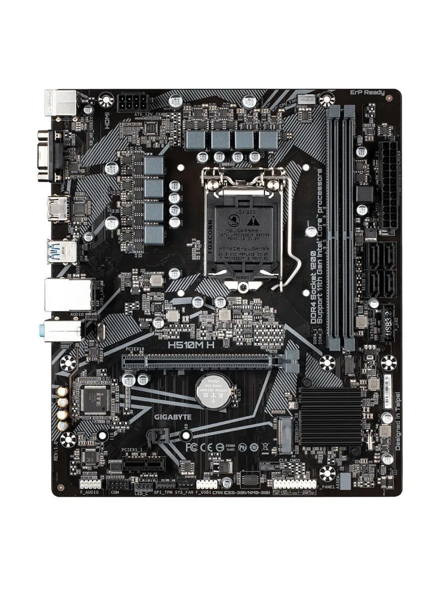 Green Micro ATX motherboard with silver LGA 1200 socket, black slots, blue I/O shield