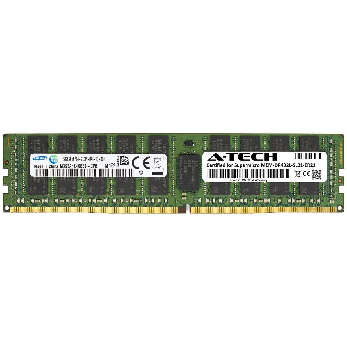 Green rectangular server memory module with gold edge connector and black chips