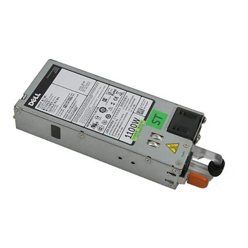 Rectangular silver server power supply unit with Dell label and rear fan grille