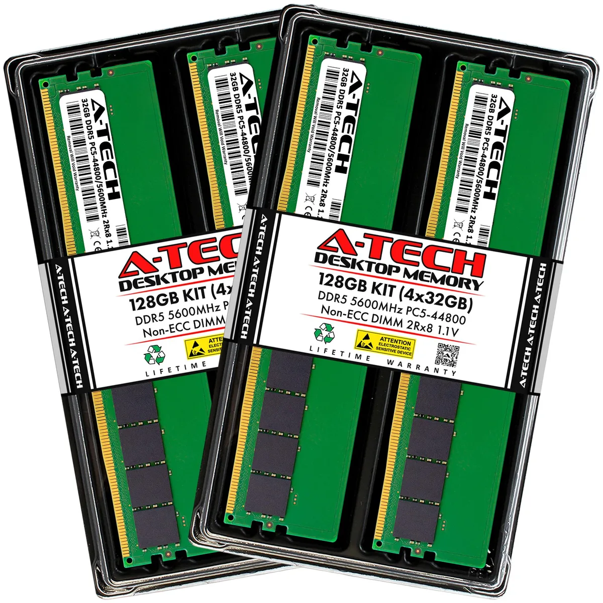 Four green and black DDR5 DIMM modules without heat spreaders