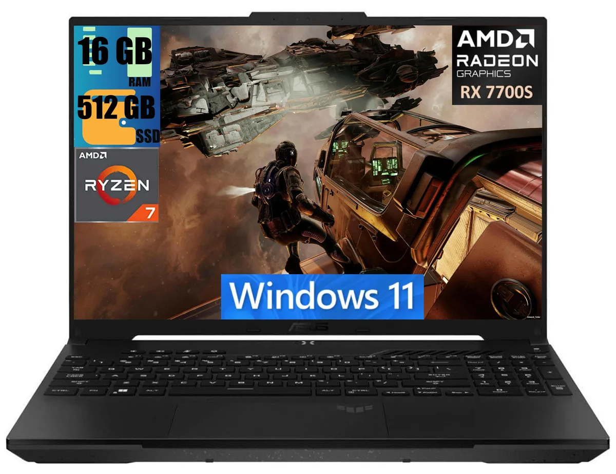 Black 16-inch gaming laptop with matte finish and backlit keyboard