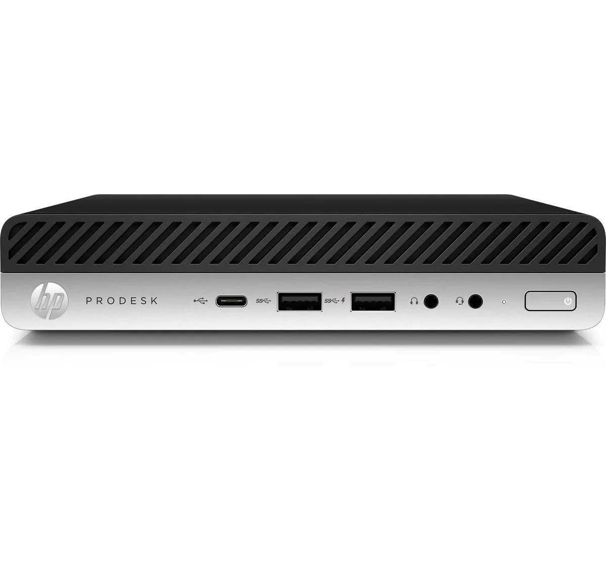 Compact black USFF desktop tower, matte finish, no monitor