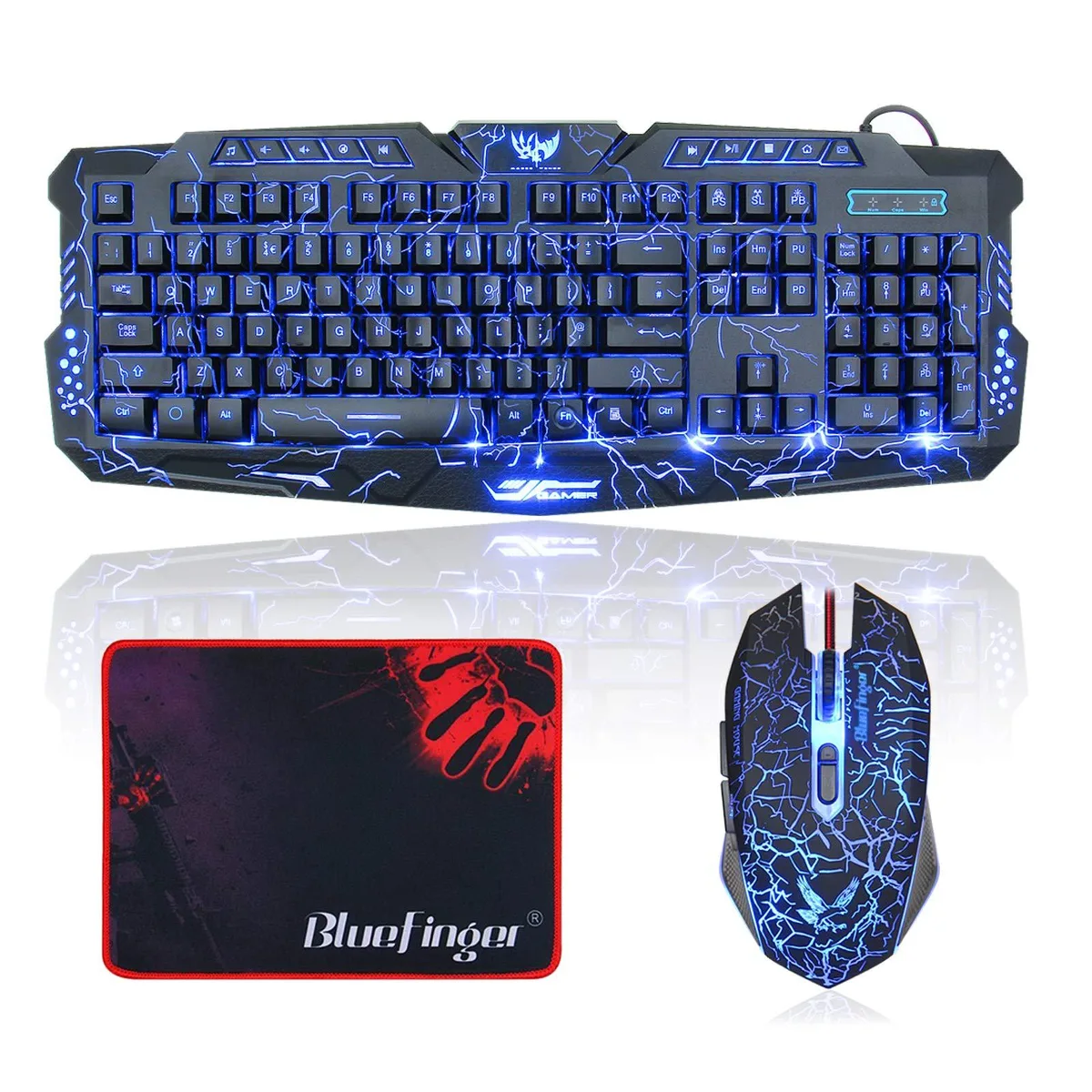 Redragon 200WY Gaming Keyboard and Mouse Combo — 3 Color Crack Backlit, 104 Keys, 800–2000 DPI, 11.8×9.8" Pad — 商品写真