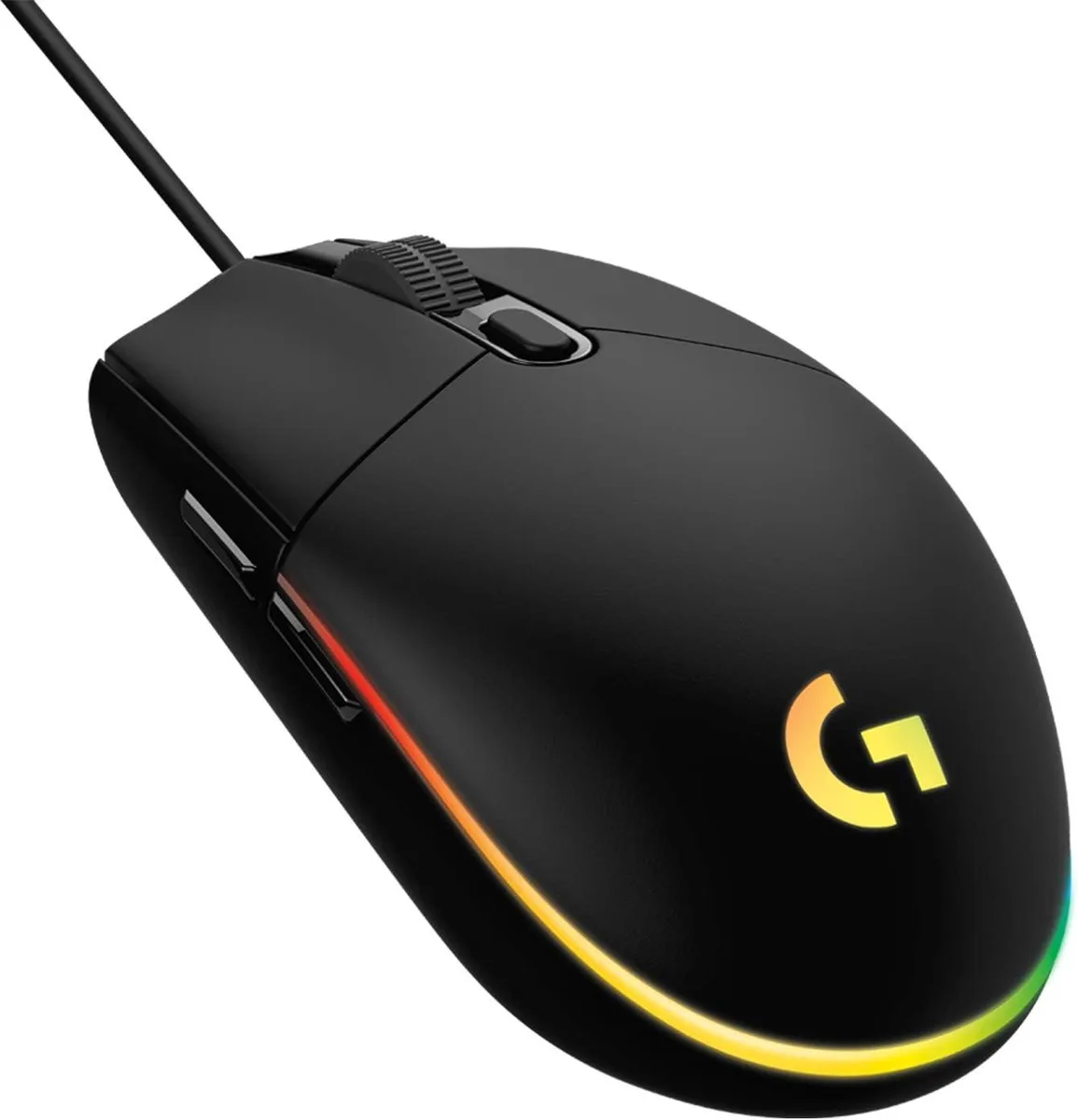 Black wired gaming mouse with RGB lighting and six buttons