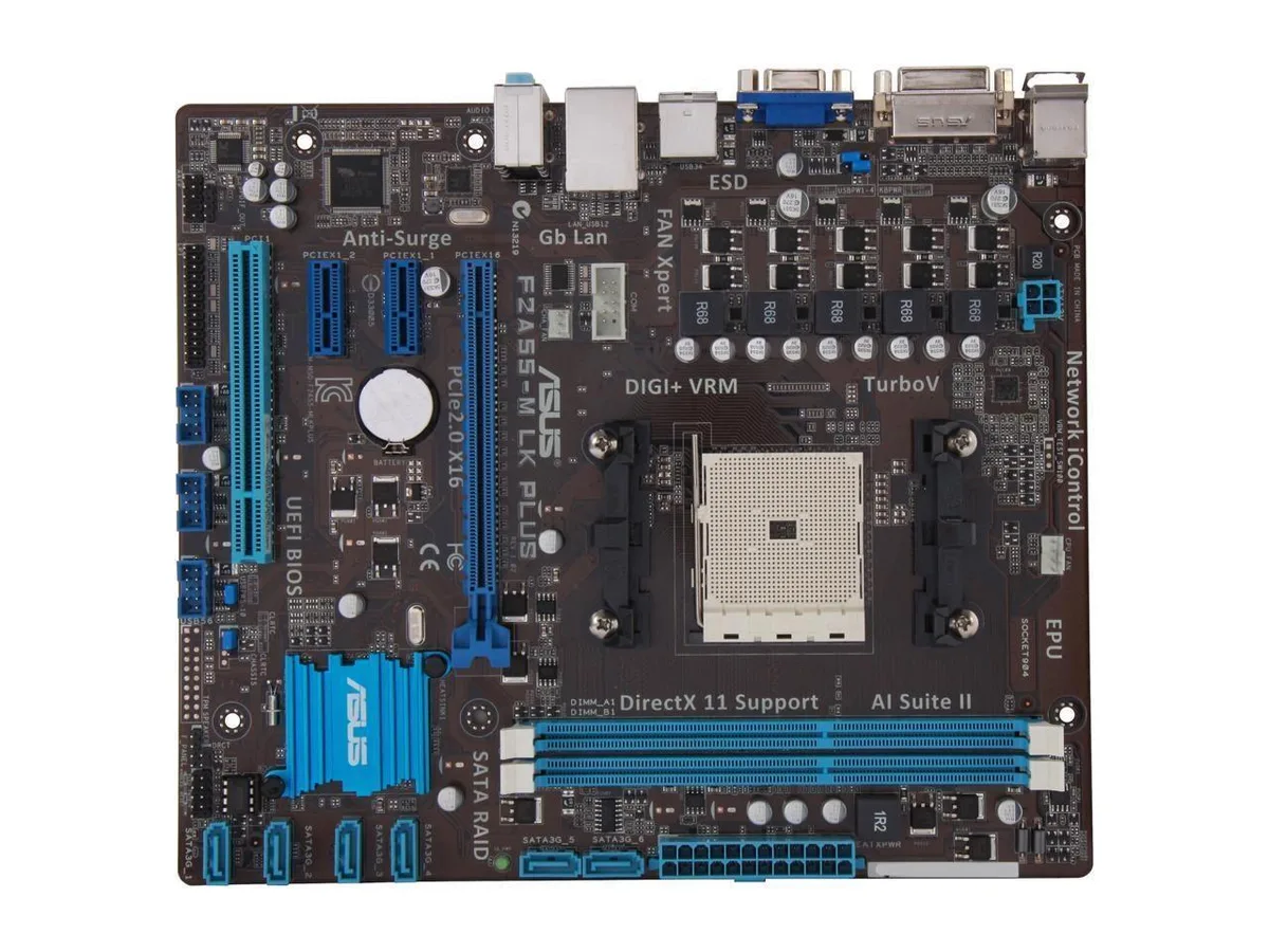 Green Micro ATX motherboard with silver FM2 socket and black DDR3 slots
