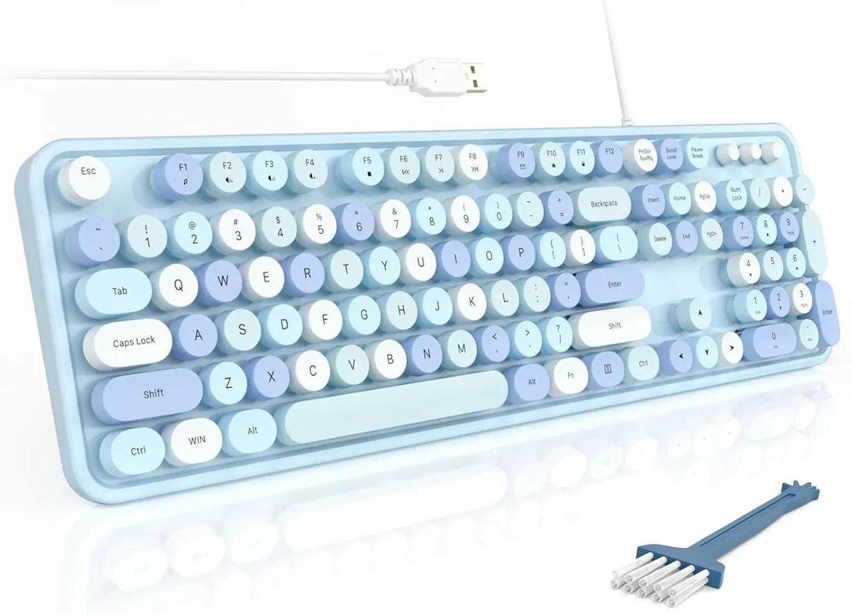 Full-size wired keyboard in blue with round retro keycaps and foldable stands