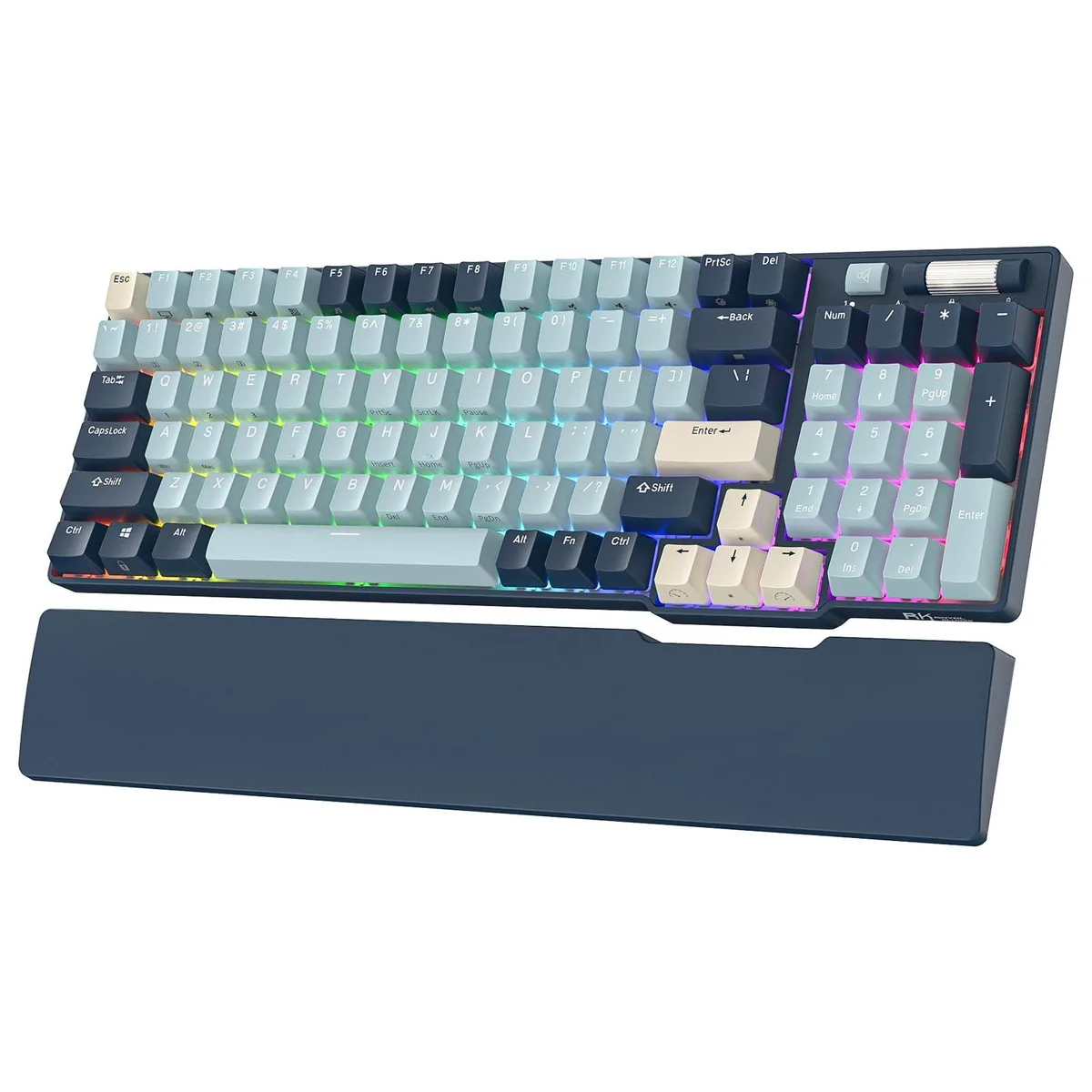 Blue 96-key wireless mechanical keyboard with magnetic wrist rest and RGB backlighting