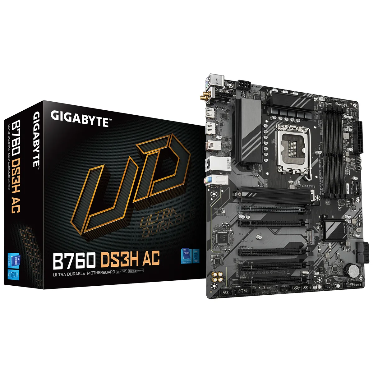 ATX motherboard in matte black with silver heatsinks and four DDR5 slots