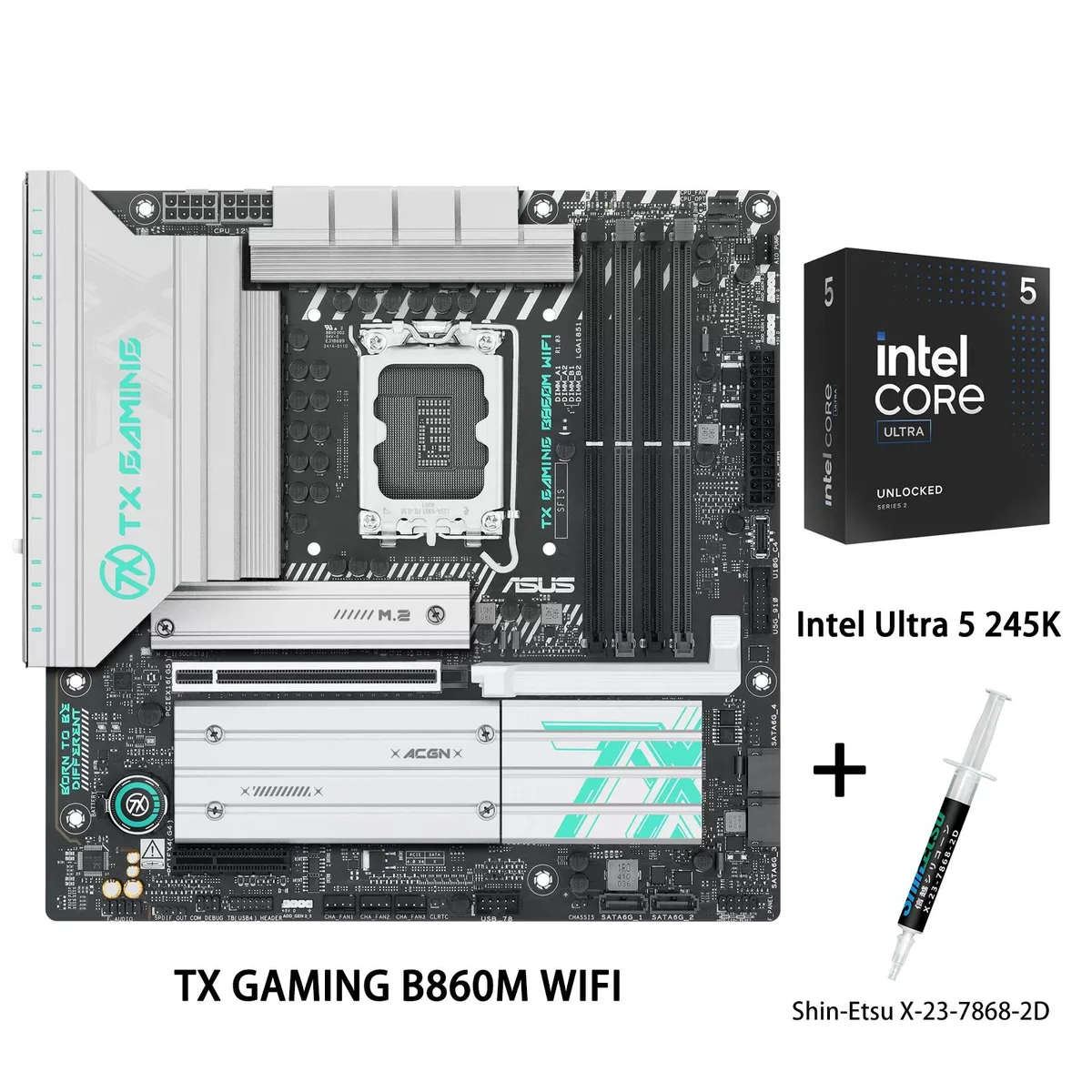 ASUS TX GAMING B860M WIFI motherboard and Intel Ultra 5 245K processor with thermal grease tube