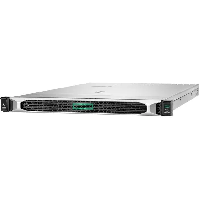 Silver 1U rack server, matte black front, blue pull tabs, single power supply visible