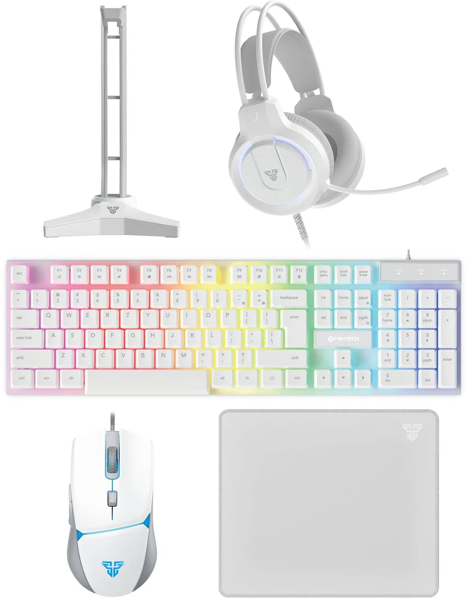 White 5-in-1 gaming set with keyboard, mouse, headset, pad and stand