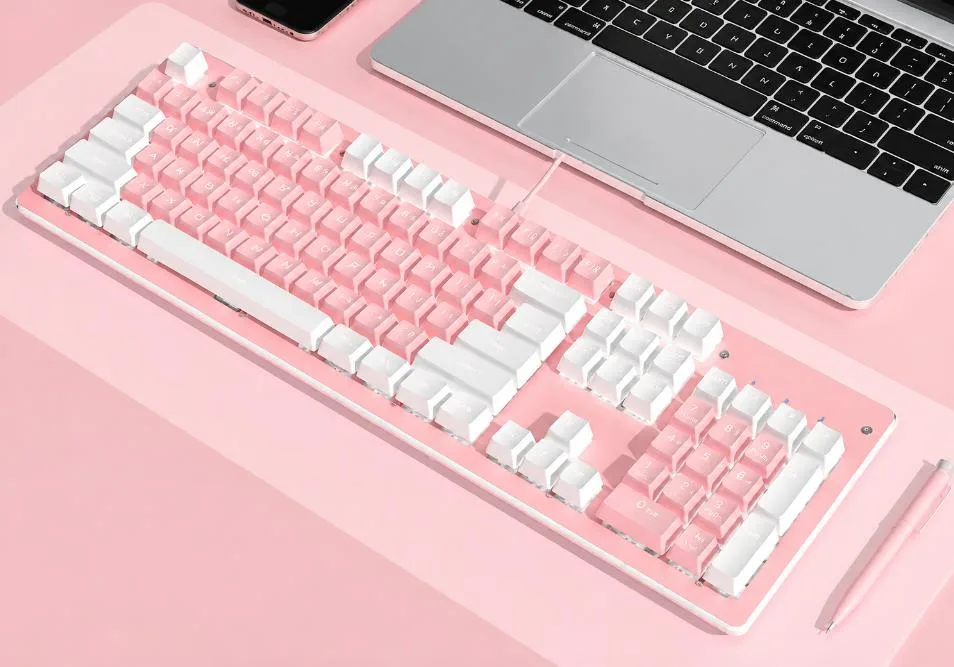 Pink full-size mechanical keyboard with white backlighting, 104 keys, USB wired connection