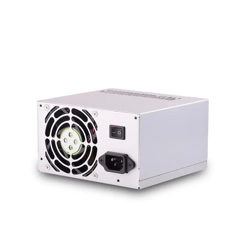 Rectangular ATX power supply unit, matte black finish, visible cooling fan grille
