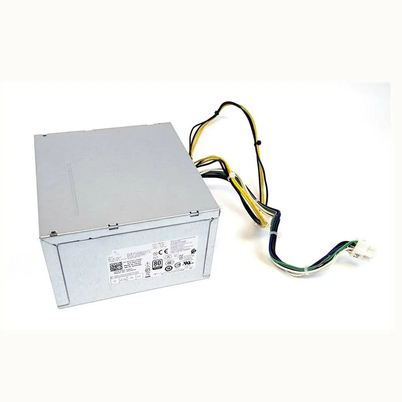 Rectangular silver ATX power supply unit with fan grille and cable bundle