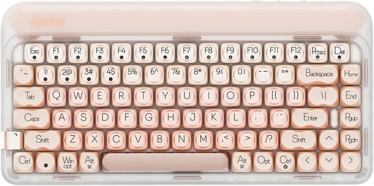 Pink 75% mechanical keyboard with white backlighting and textured keycaps