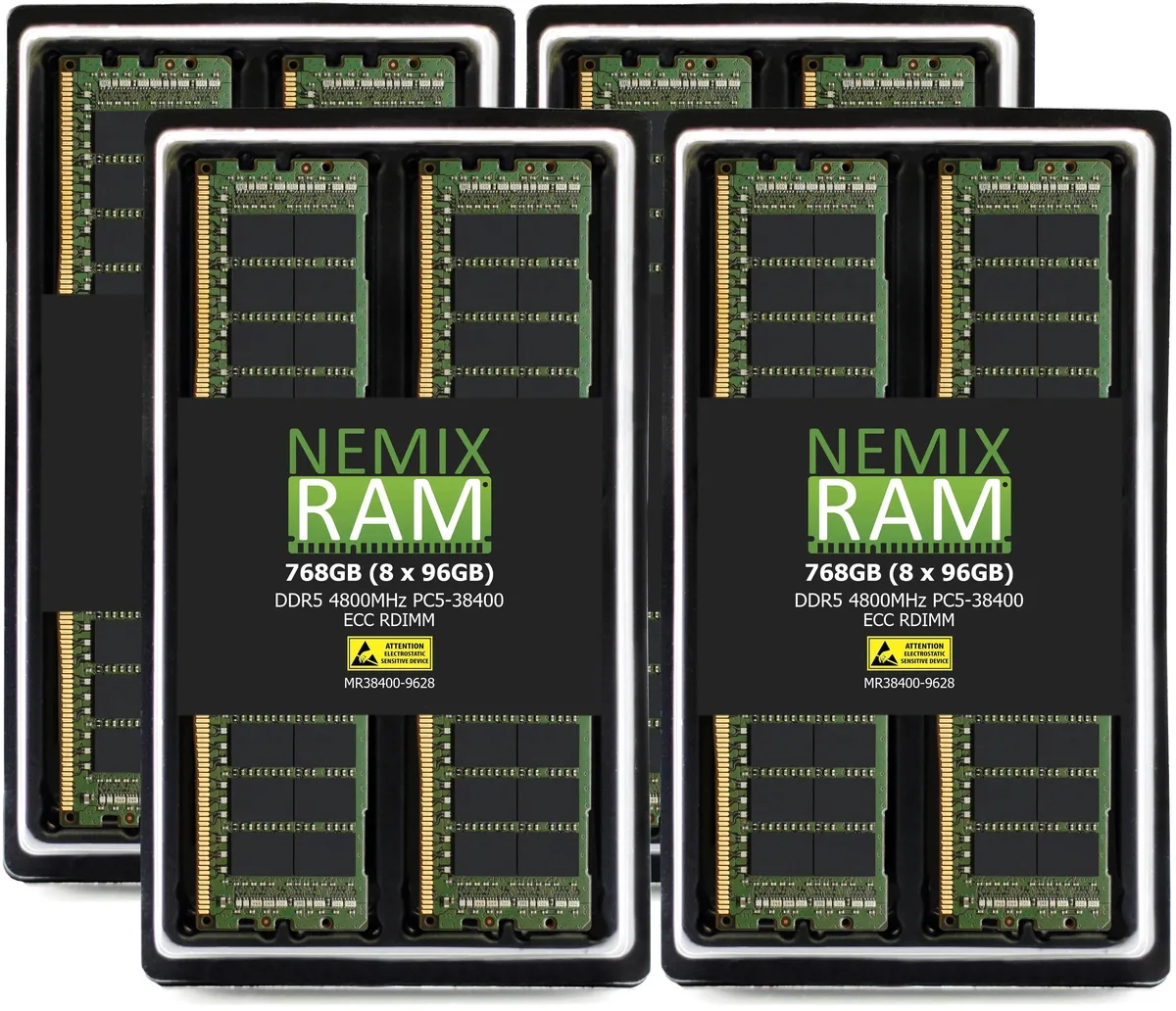 Eight bare green DDR5 RDIMM sticks in a row
