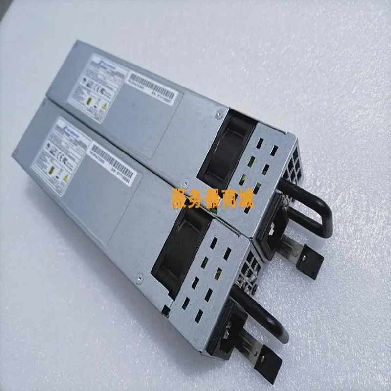 Rectangular metal ATX power supply unit with ventilation grille and label