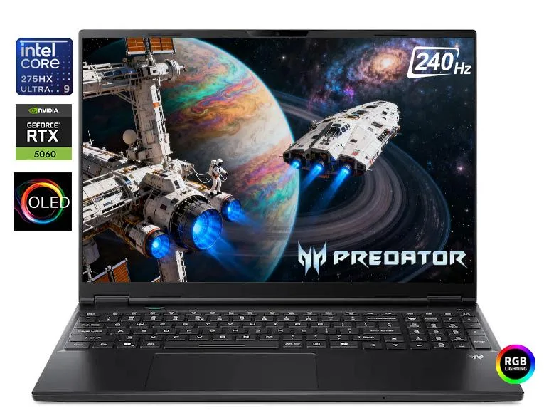 Black 16 inch OLED gaming laptop with RGB backlit keyboard