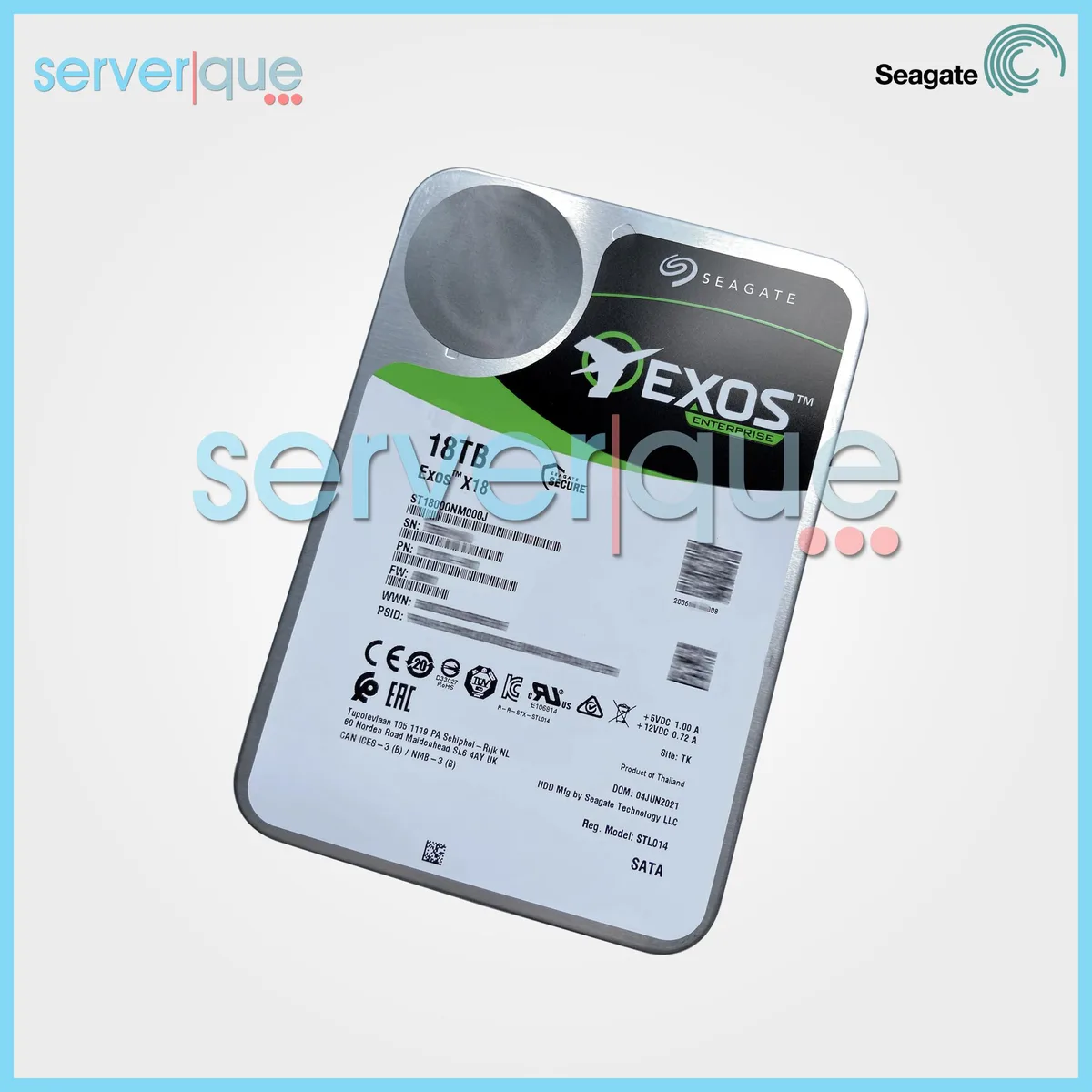 Standard 3.5-inch silver hard drive with label showing 18TB capacity