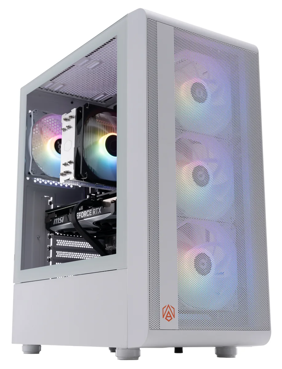 White mid-tower gaming PC with RGB lighting visible through glass side panel