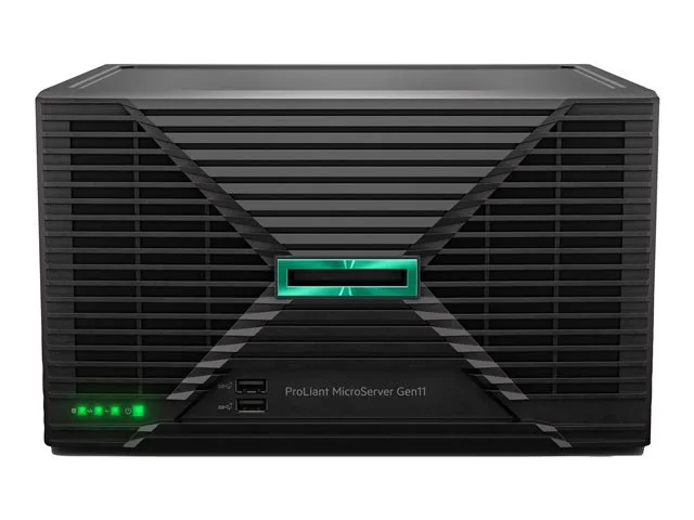 Compact silver micro-tower server with front drive bays and rear ports
