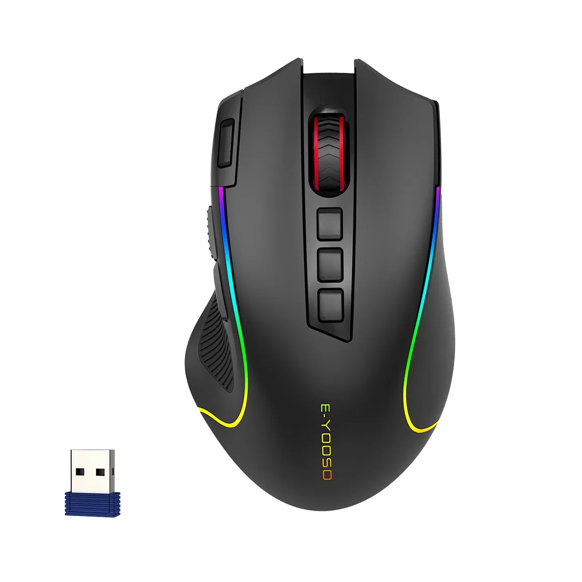 Black ambidextrous gaming mouse with RGB lighting, 4.9 x 9.2 x 12.9 cm