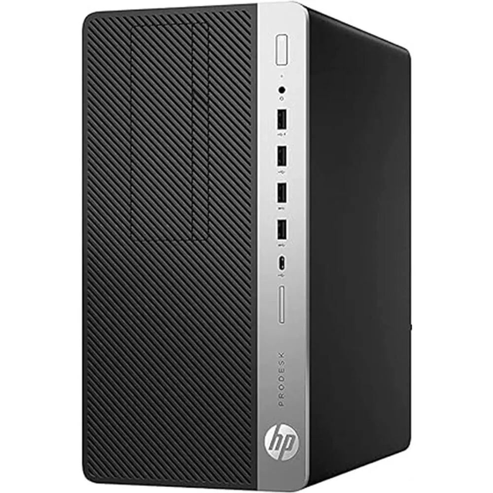 Black and silver HP 800 G3 tower desktop with wireless keyboard and mouse
