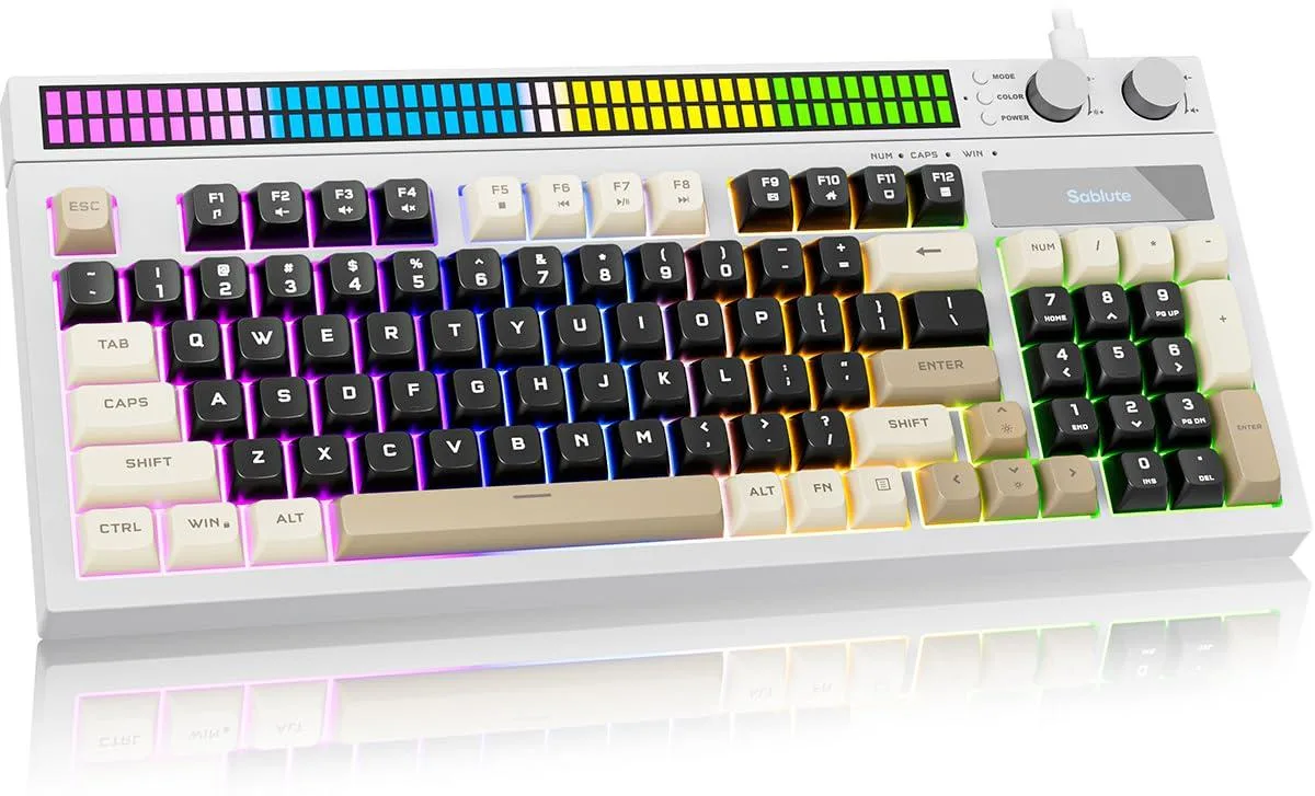 White compact gaming keyboard with dual rotary knobs, RGB light strip and adjustable stand