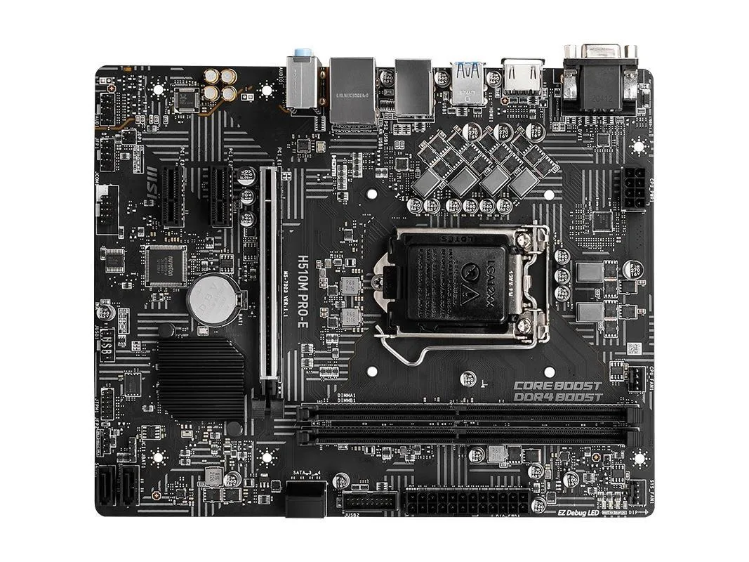 Green Micro-ATX board with silver LGA 1200 socket and black heatsinks