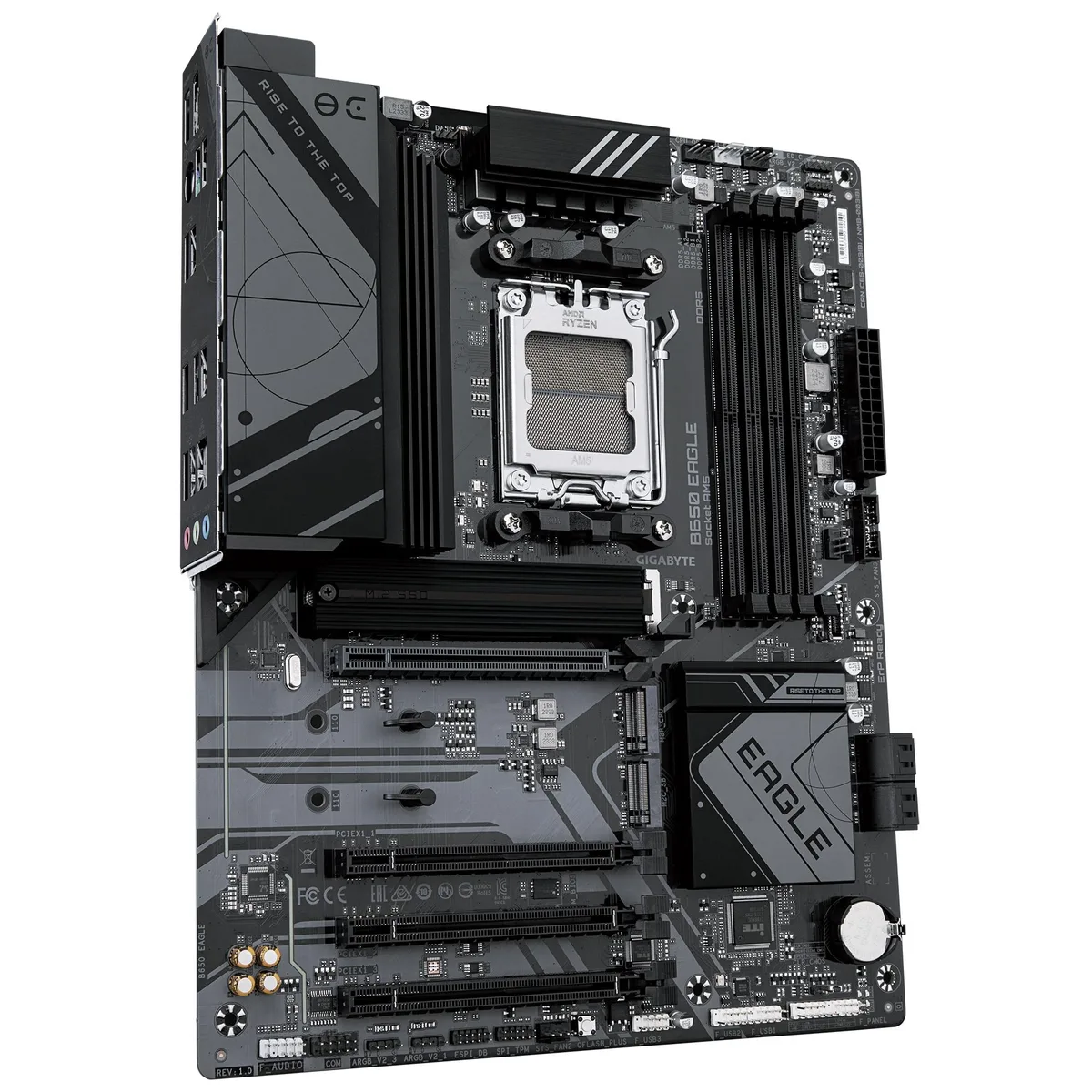 Rectangular ATX board, dark grey PCB with silver heatsinks and black slots