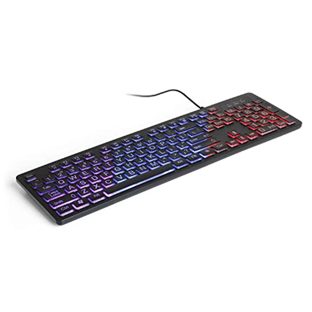 Black full-size keyboard with large-print legends and tri-color LED backlighting