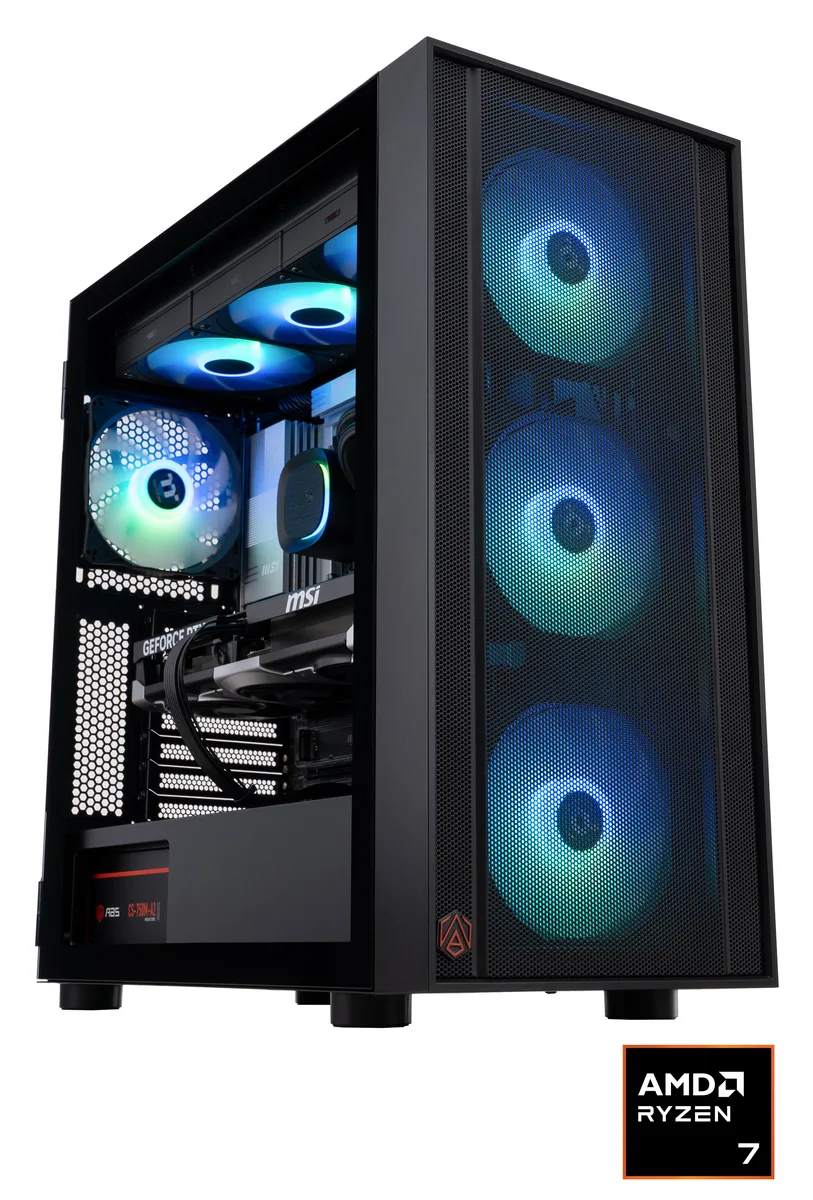 Black mid-tower gaming desktop with RGB memory and liquid cooling