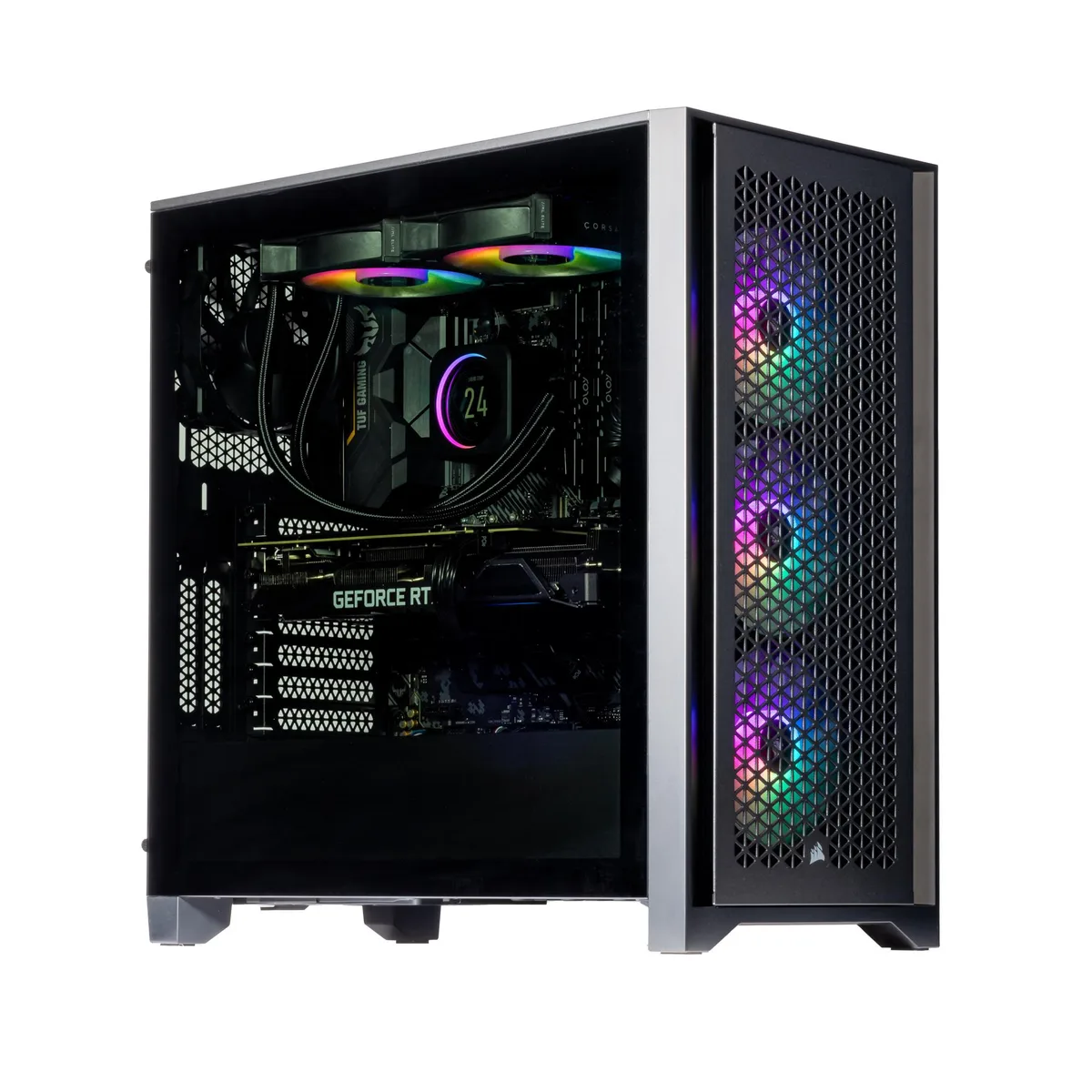 Black mid-tower desktop with RGB fans and 240mm AIO cooler