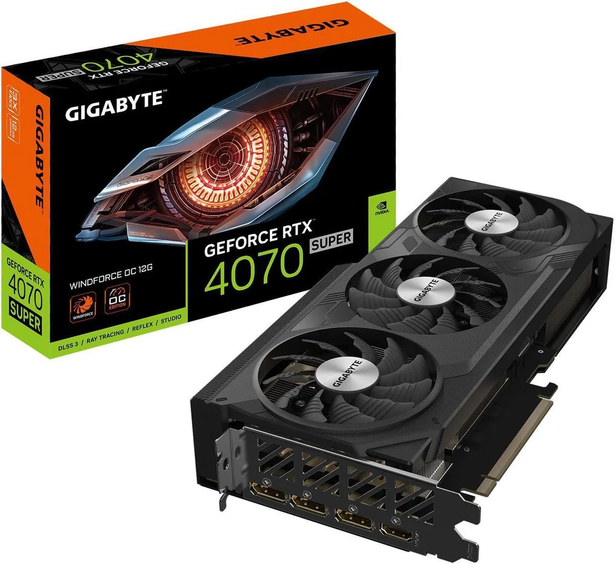 Gigabyte RTX 4070 Super Windforce triple-fan card with metal backplate