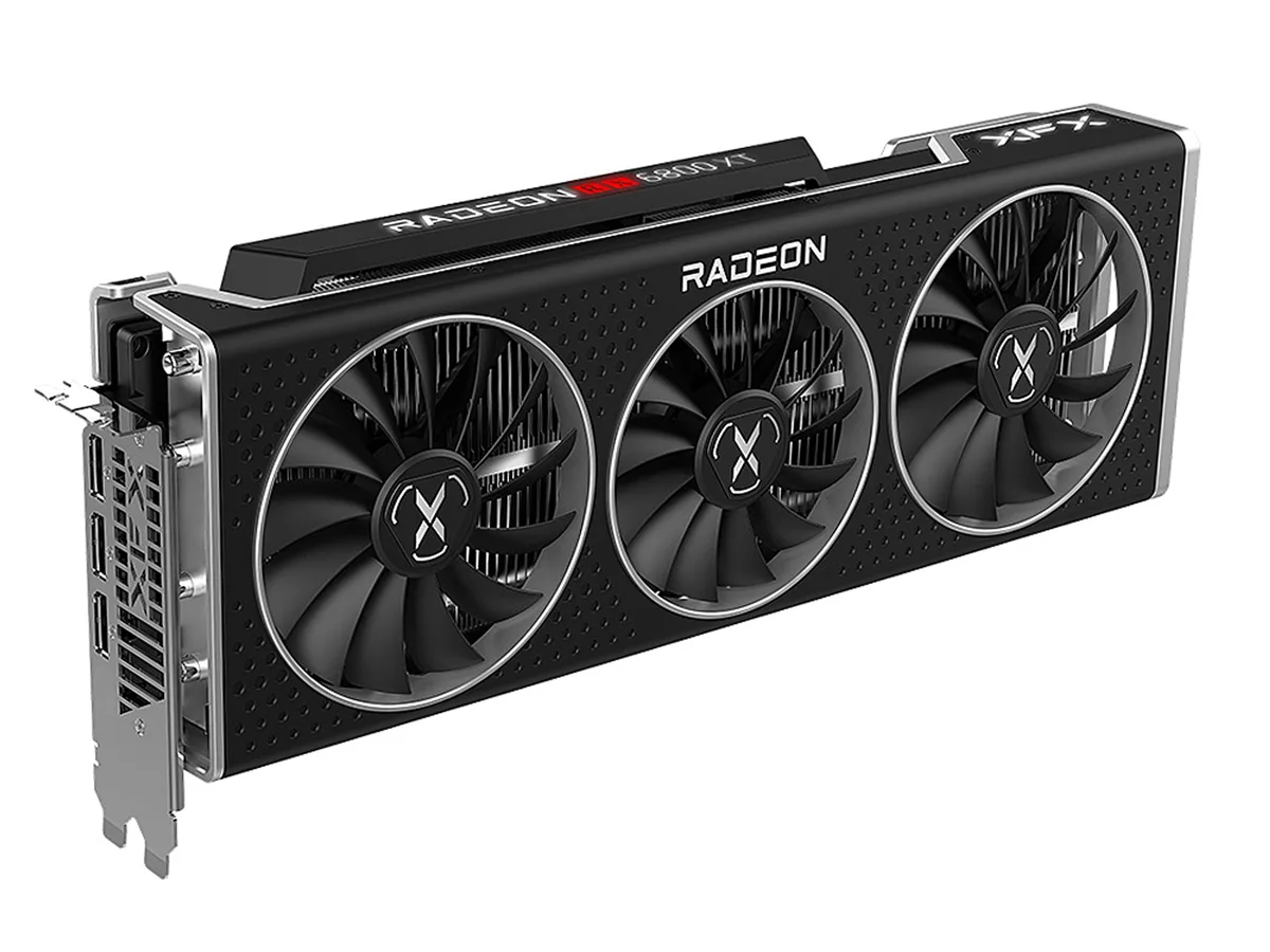 Triple-fan graphics card in dark finish with 16GB GDDR6 and 256-bit memory