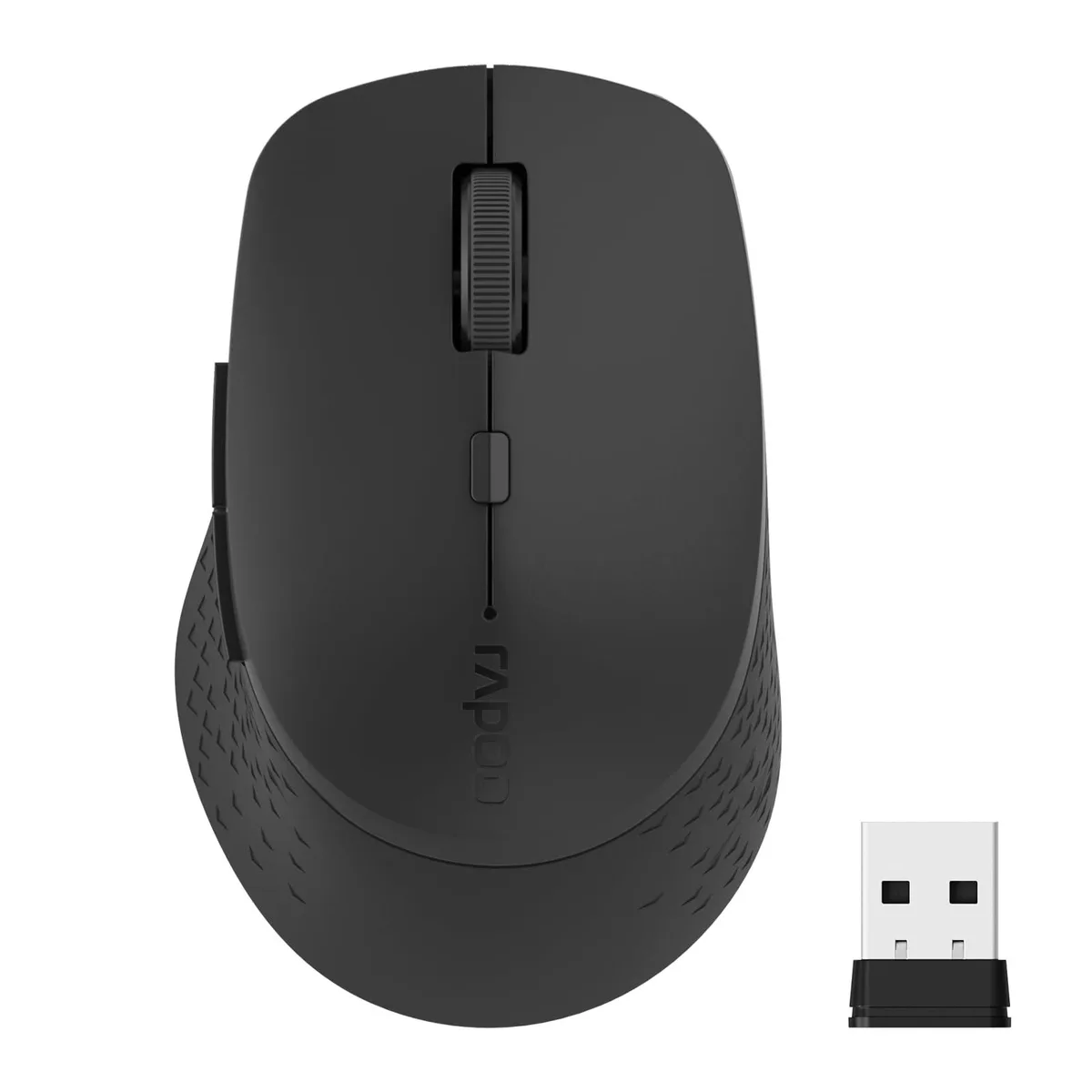 Matte black right-handed wireless gaming mouse, compact oval shape with five buttons and scroll wheel