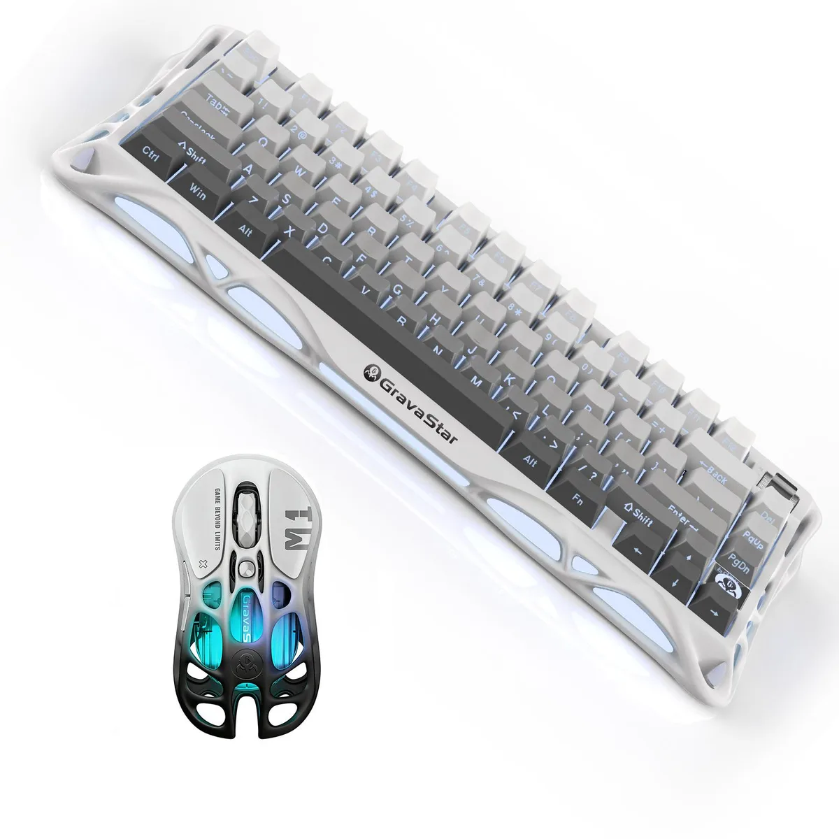 Skeletal magnesium-alloy gaming mouse in gradient black finish