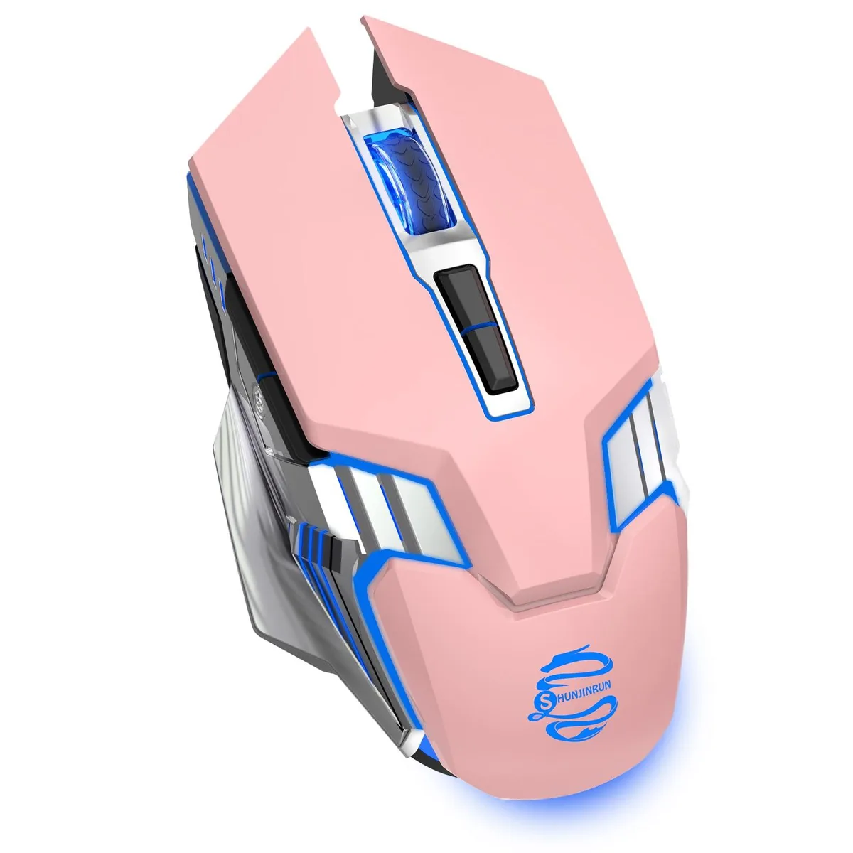 Pink right-handed gaming mouse with ergonomic shape and RGB lighting