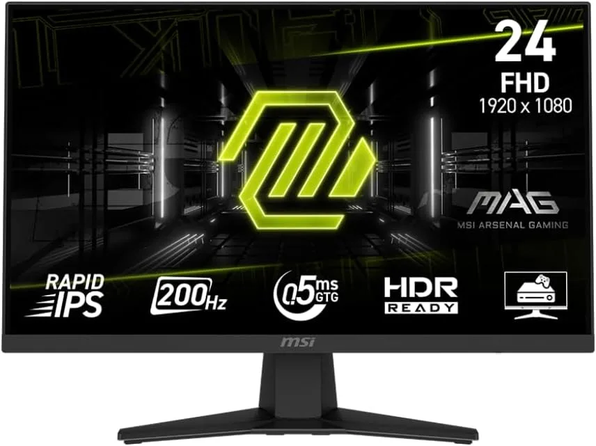 23.8 inch flat gaming monitor in metallic black with thin three sided frame anti glare screen tilt stand visible