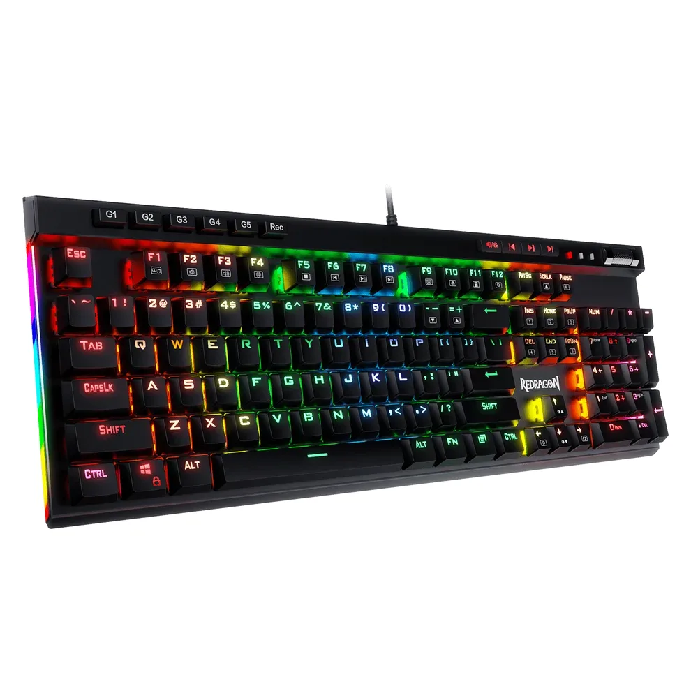Black full-size mechanical keyboard with RGB backlighting, five macro keys, media wheel and brown switches