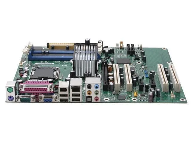 Green ATX motherboard with LGA-775 socket, four DDR2 slots and onboard video
