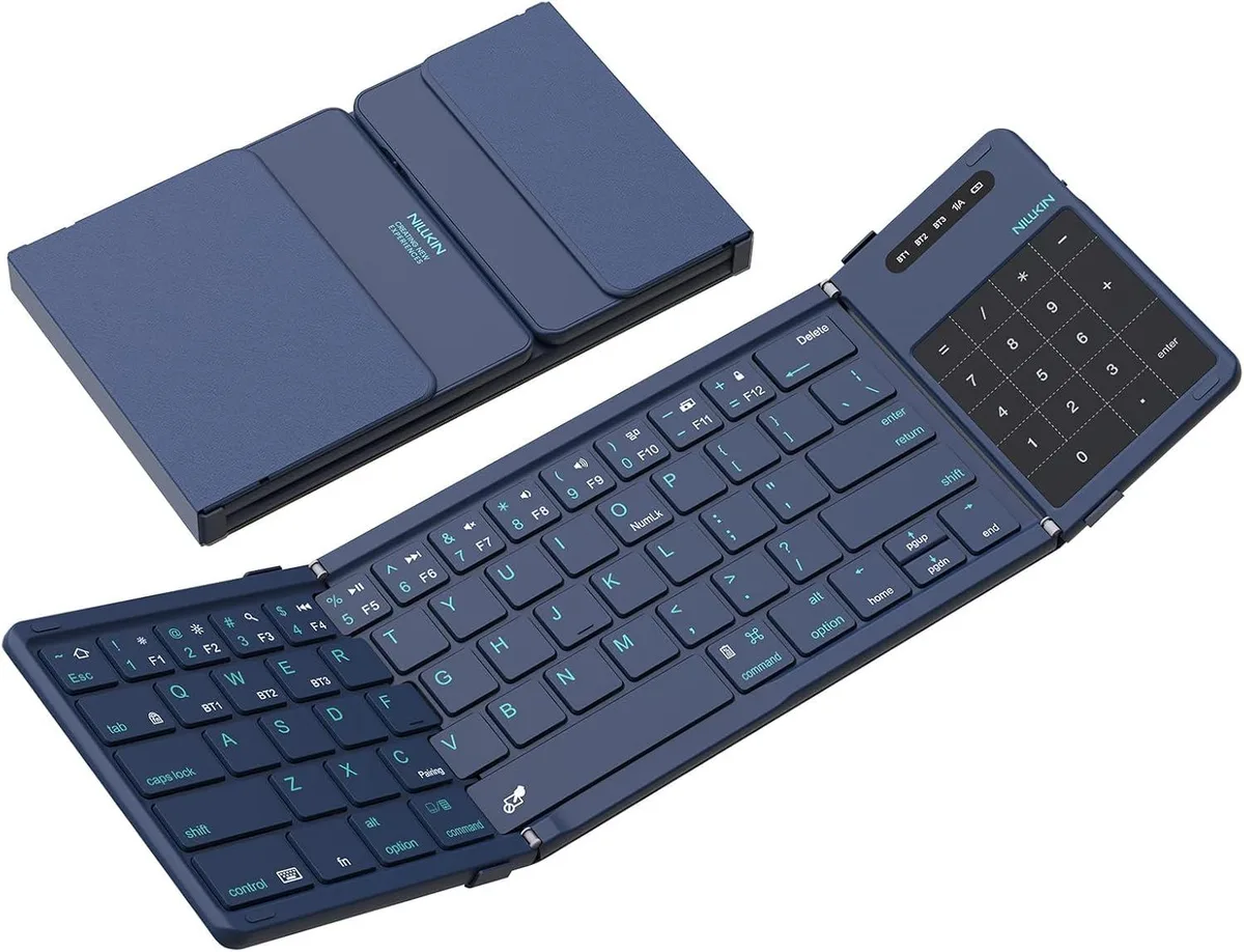 Blue foldable wireless keyboard with touchpad and number pad, folded compact rectangle