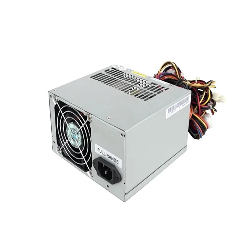 Rectangular black ATX power supply unit with cooling fan grille and cable bundle