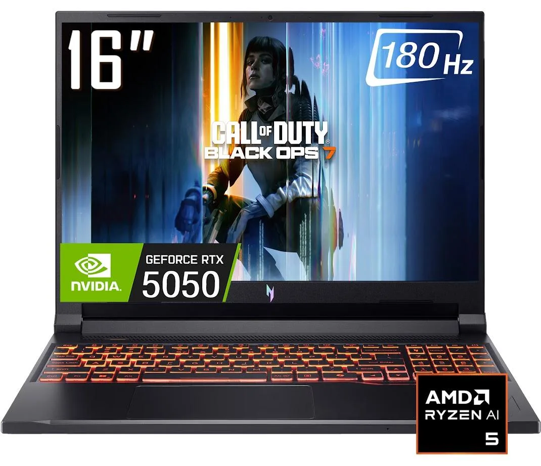 Black 16 inch gaming laptop with WUXGA IPS display and RGB backlit keyboard