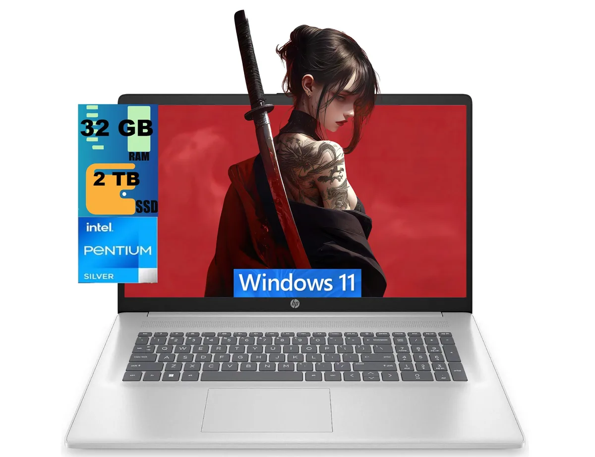 Silver 17.3 inch touchscreen laptop, slim profile, matte finish