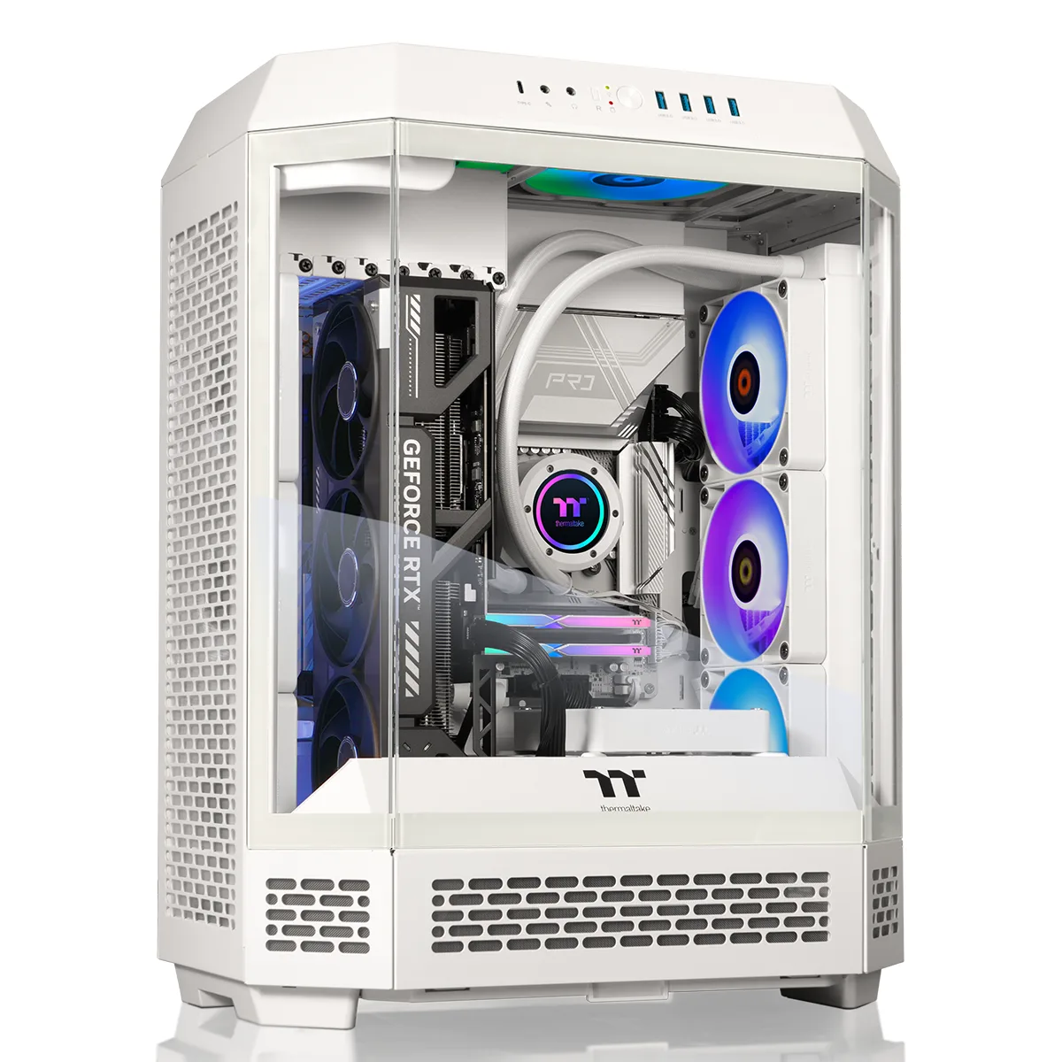 White full-tower gaming desktop with 360mm ARGB liquid cooler visible through glass side panel