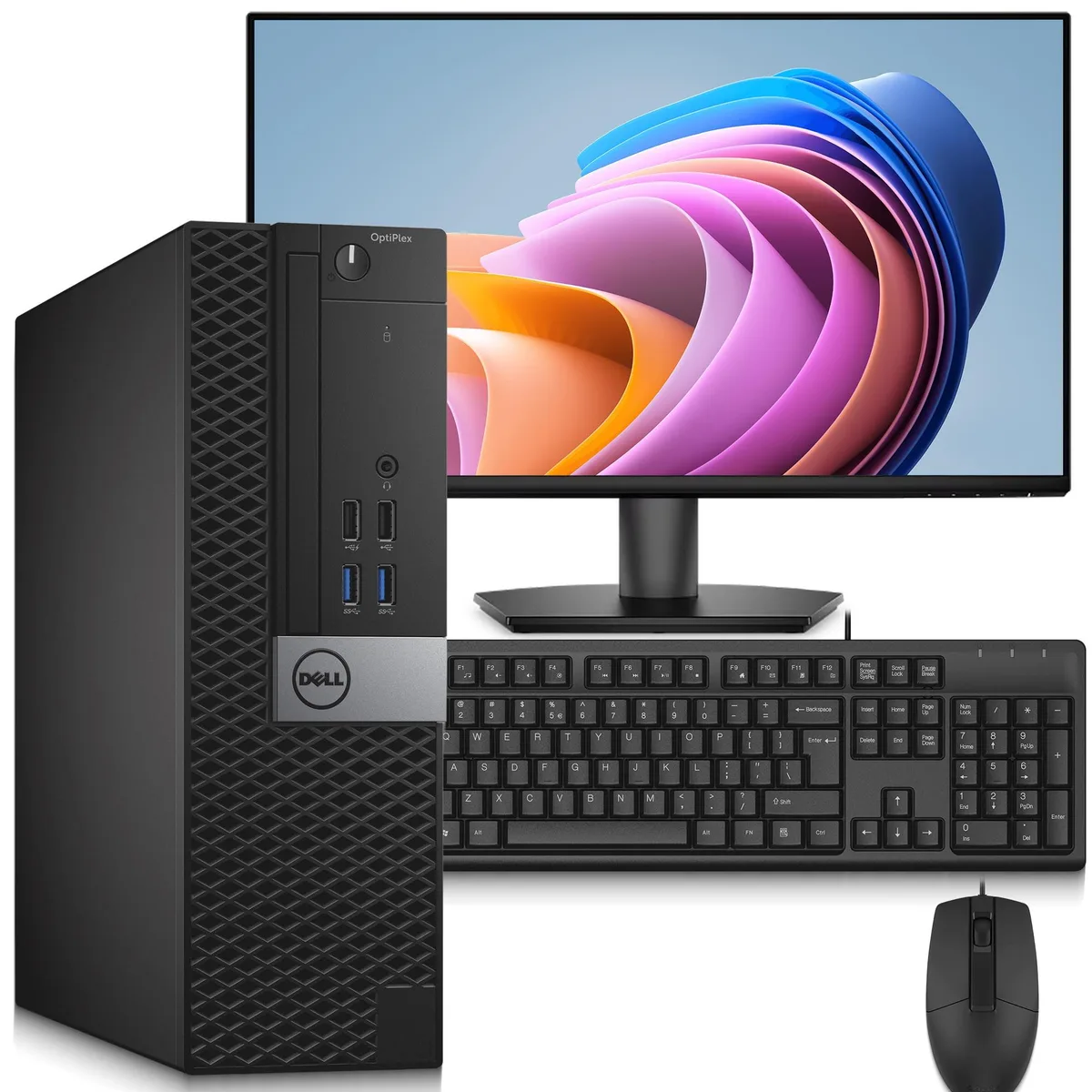 Small black Dell OptiPlex 7040 tower with 24 inch monitor