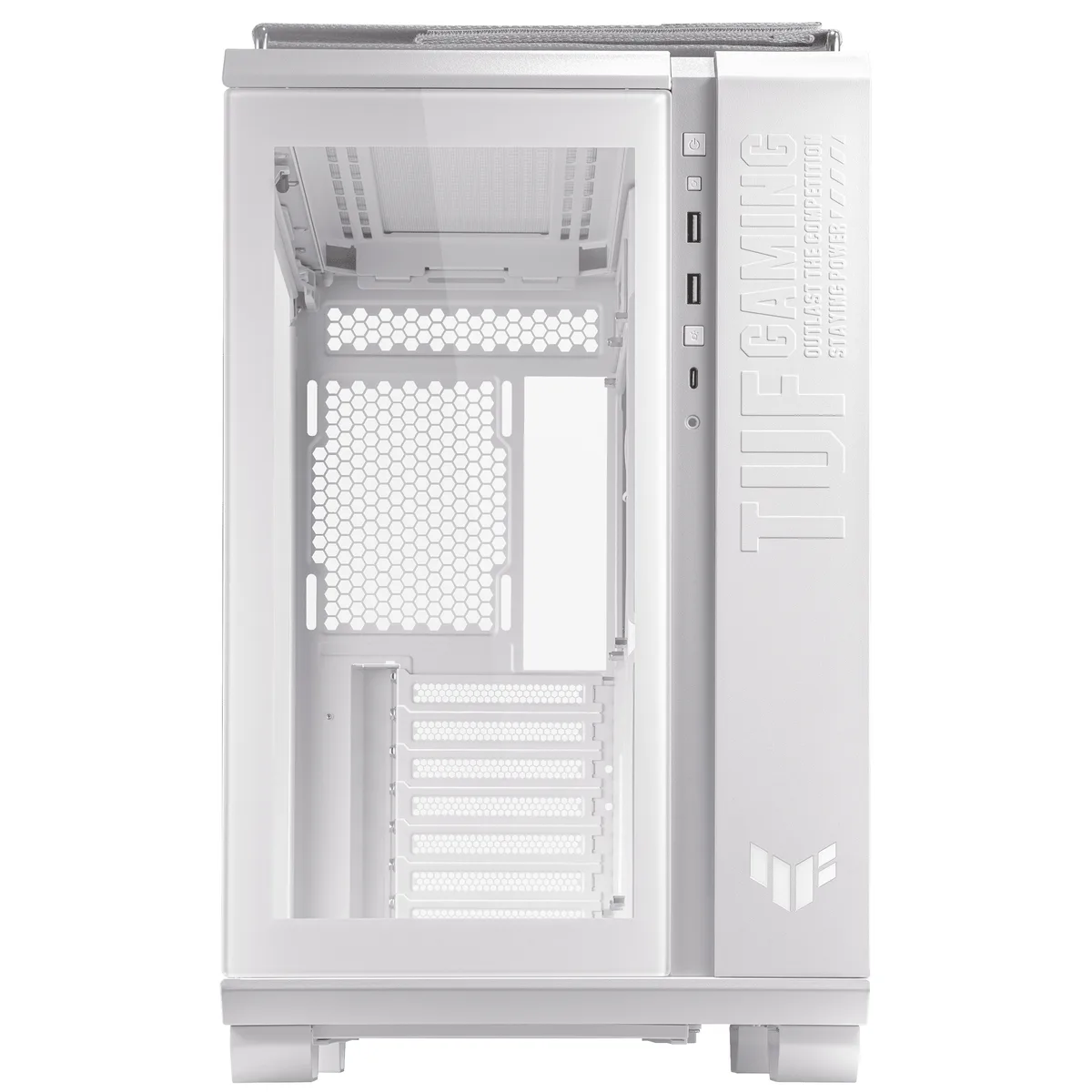White ATX mid-tower case with tempered glass front and side panels, dual-chamber layout, vertical GPU mount bracket