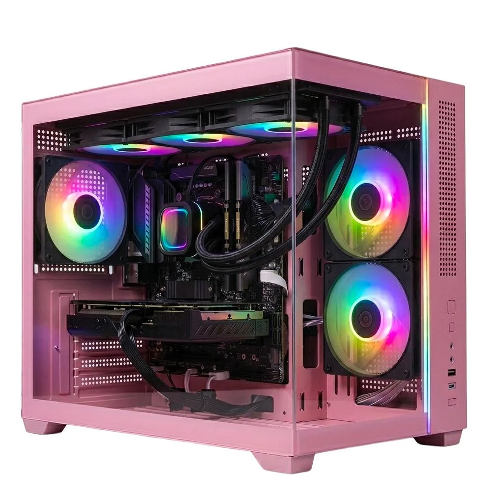 Pink mid-tower gaming desktop with 360mm ARGB liquid cooler visible through glass side panel