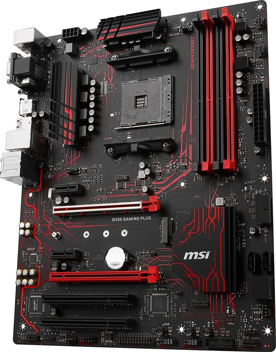 ATX motherboard in black with red accents, AM4 socket, PCIe x16 slot, single M.2 slot, I/O shield and SATA cables included